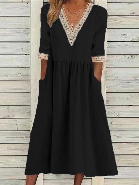 

Women Plain Half Sleeve Summer Split Joint Dress V Neck Daily Casual Maxi Fit & Flare Dress A-Line Dress, Black, Dresses