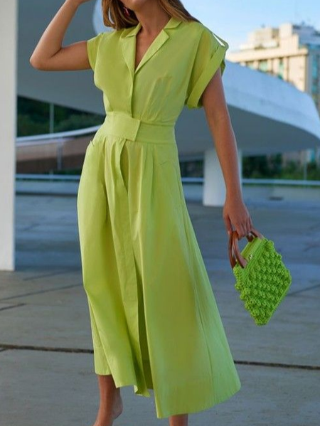 

Casual Plain Buttoned Shirt Collar Midi Dress, Green, Midi Dresses