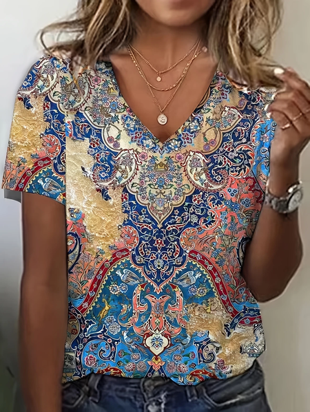 

Women Floral Short Sleeve Tee T-shirt V Neck Printing Casual Summer Graphic Tee Top, As picture, T-Shirts