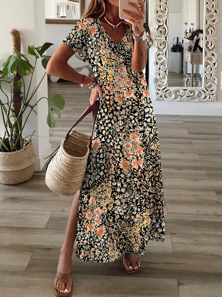 

Women Floral Short Sleeve Summer Printing Dress V Neck Daily Casual Maxi X-Line Dress, Brown, Casual Dresses