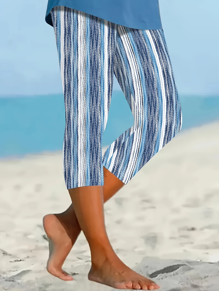 

Women Striped Capris Elastic Waist Pants Casual Summer Trousers, Blue, Leggings