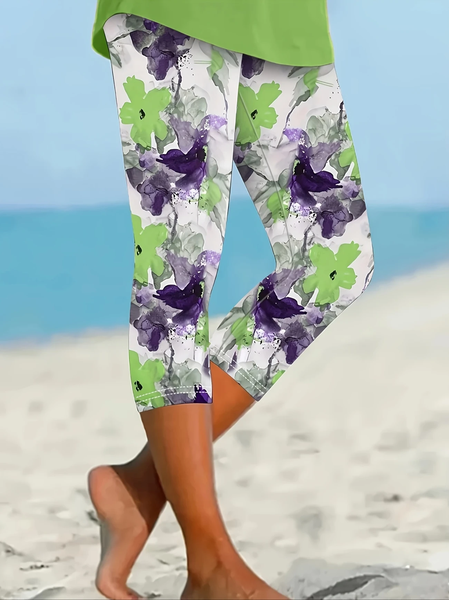 

Women Floral Capris Elastic Waist Pants Casual Summer Trousers, As picture, Leggings