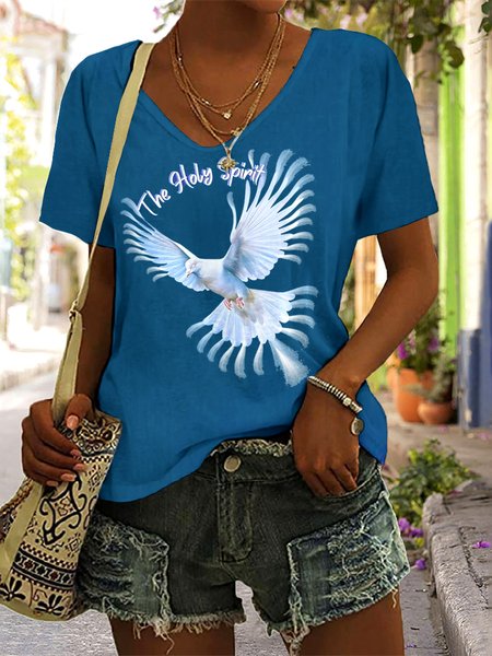 

Casual Floral V Neck Short Sleeve T-shirt, Lake blue, T-shirts