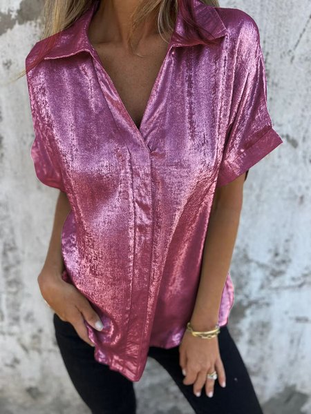 

Women Plain Short Sleeve Shirt Summer Metal Shawl Collar Daily Casual Top, Fuchsia, Blouses