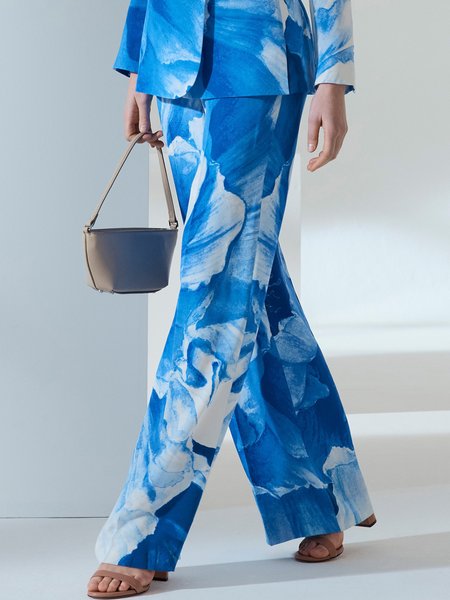 

Urban Floral Printing Straight Fashion Pants, Blue, Pants