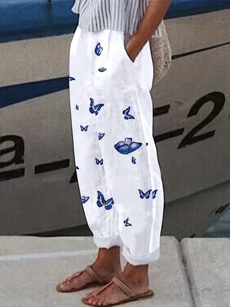 

Women Butterfly Long Pants Casual Spring/Fall Trousers, White, Pants