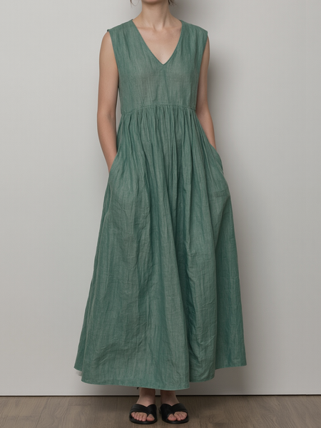 

Vacation Plain linen-cotton V Neck Maxi Dress, Green, Maxi Dresses