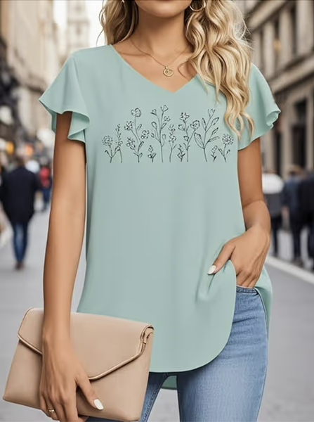 

Casual Plain V Neck Short Sleeve T-shirt, Lightgreen, T-shirts