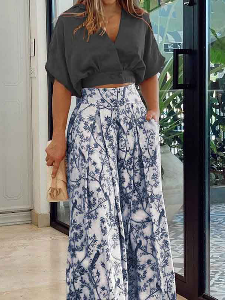 

Women Floral Printing Dolman Sleeve Two-Piece Set Daily Half Sleeve Casual Summer Top With Pants Matching Set, Black, Suit Set