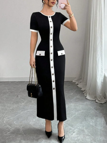 

Elegant Color Block Buttoned Midi Dress, Black-white, Midi Dresses