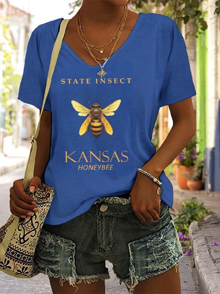 

Casual Floral V Neck Short Sleeve T-shirt, Blue, T-shirts