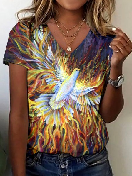 

Casual Floral V Neck Short Sleeve T-shirt, Orange, T-shirts