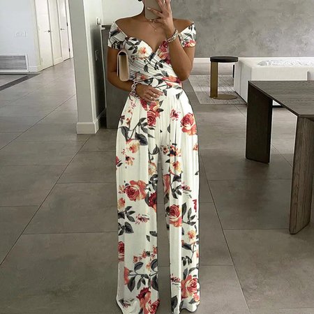 

Women Short Sleeve Off The Shoulder Regular Fit Long Printing Daily Casual Striped High Waist T-Shirt Jumpsuit, White, Jumpsuits&Rompers