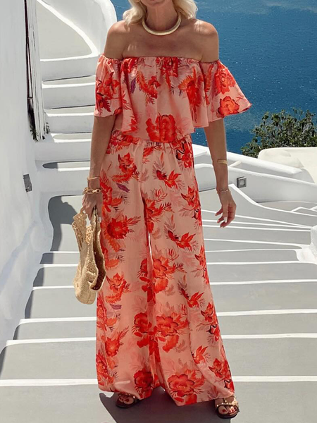 

Vacation Printing Floral Off The Shoulder Jumpsuit, As picture, Jumpsuits