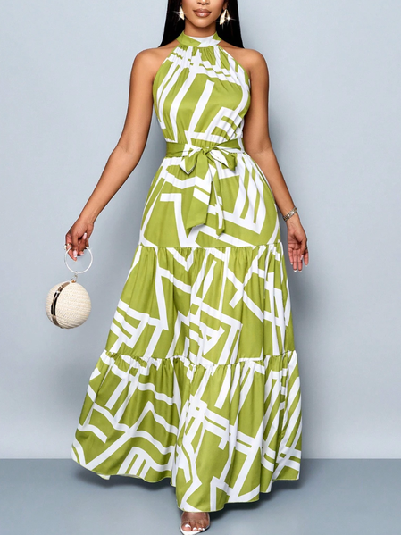 

Vacation Geometric Gathered Halter Maxi Dress With Belt, Green, Maxi Dresses