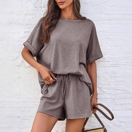 

Women's Pocket Stitching Plain Daily Going Out Two-Piece Set Black Casual Summer Top With Pants Matching Set, Taupe, Suits