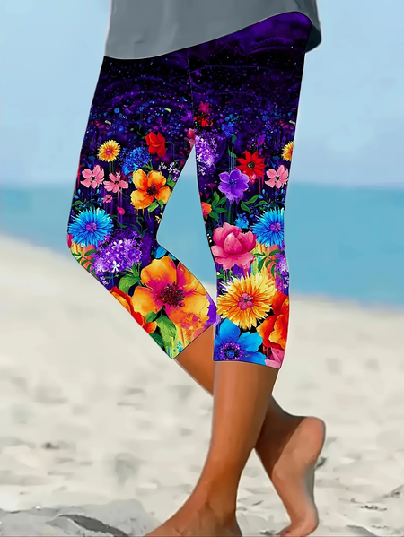 

Women Floral Capris Elastic Waist Pants Casual Summer Trousers, Multicolor, Leggings
