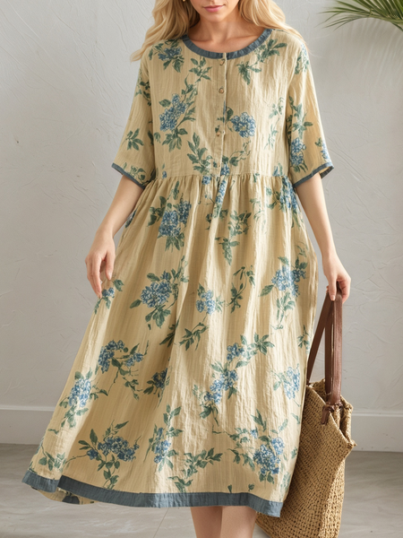 

Vacation Floral linen-cotton Crew Neck Midi Dress, As picture, Maxi Dresses