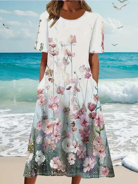 

Women Floral Half Sleeve Summer Printing Dress Crew Neck Daily Casual Maxi A-Line Dress, White, Casual Dresses