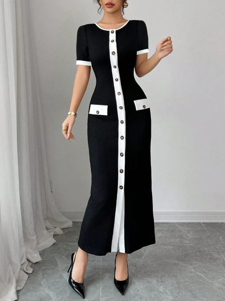 

Elegant Color Block Buttoned Midi Dress, Black-white, Midi Dresses