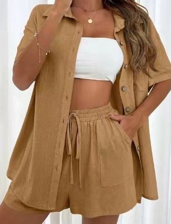 

Women's Split Joint Plain Daily Going Out Two-Piece Set Pink Casual Summer Top With Pants Matching Set, Light brown, Suits