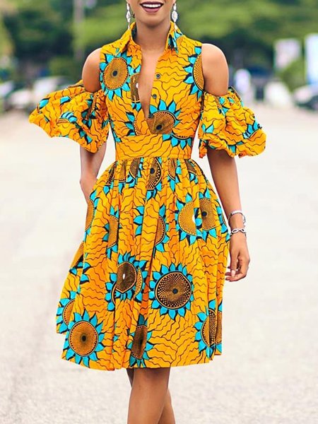 

Urban Floral Off Shoulder Sleeve Printing Shirt Collar Knee Length Dress, As picture, Midi Dresses