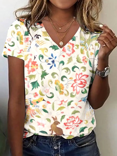 

Casual Floral V Neck Short Sleeve T-shirt, White, T-shirts