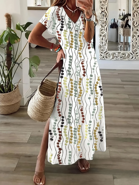 

Women Abstract Polka Dots Short Sleeve Summer Printing Dress V Neck Daily Casual Maxi X-Line Dress, White, Casual Dresses