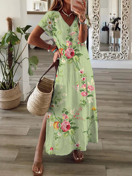

Women Floral Short Sleeve Summer Printing Dress V Neck Daily Casual Maxi X-Line Dress, Green, Casual Dresses