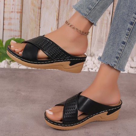 

Hollow Cross Strap Thick-soled Sandals For Women Cross-border Velcro Solid Color Lightweight Wedge Heel Beach Sandals, Black, Slippers