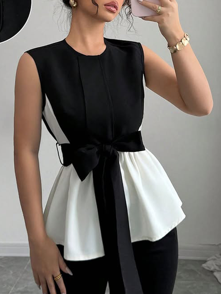 

Elegant Plain Gathered Crew Neck Blouse With Belt, Black, Blouses and Shirts