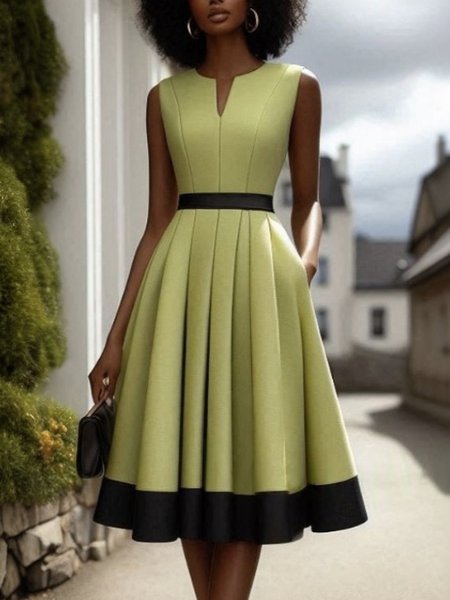 

Urban Color Block Split Joint Notched Knee Length Dress, Green, Midi Dresses