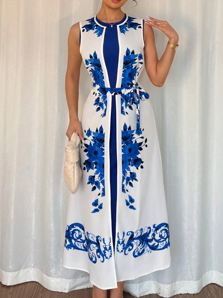 

Elegant Floral Printing Midi Dress Belt 2pcs Set, Blue, Midi Dresses