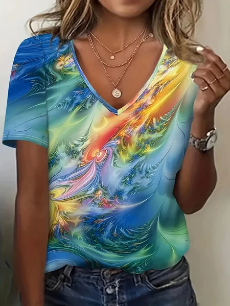 

Casual Abstract V Neck Short Sleeve T-shirt, Blue, T-shirts