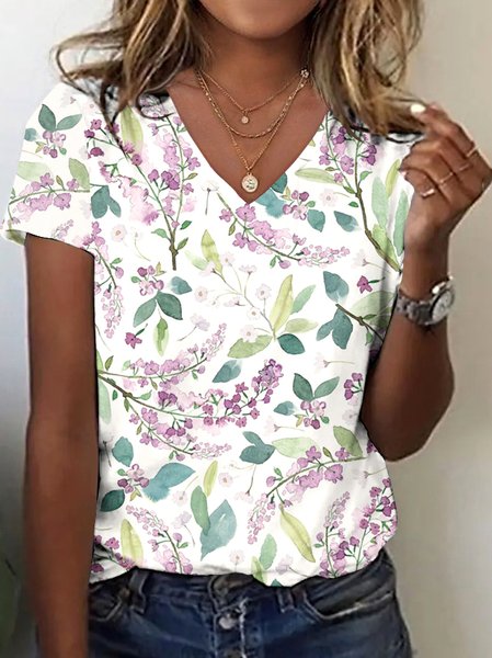 

Casual Floral V Neck Short Sleeve T-shirt, White, T-shirts