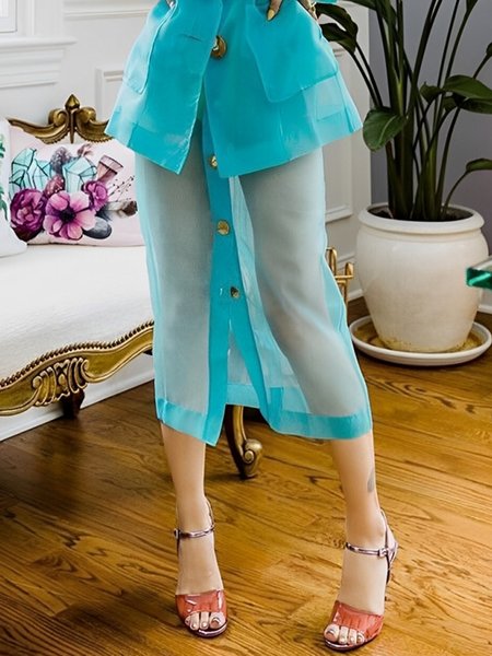 

Elegant Buttoned Plain Midi Skirt With Leggings Shorts Inside, Blue, Skirts