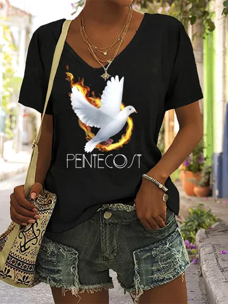 

Casual Floral V Neck Short Sleeve T-shirt, Black, T-shirts