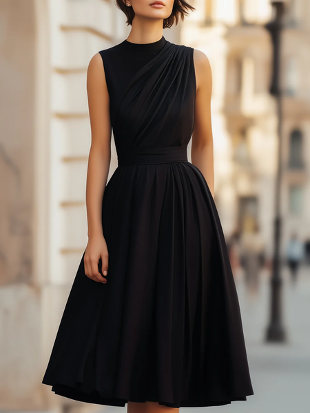 

Elegant Plain Gathered Midi Dress, Black, Midi Dresses