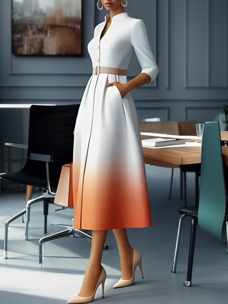 

Urban Gradient Pattern Printing Stand Collar Midi Dress With Belt, As picture, Maxi Dresses