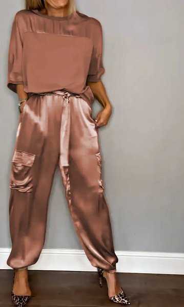 

Women Plain Pocket Stitching Two-Piece Set Daily Half Sleeve Casual Summer Top With Pants Matching Set, Deep brown, Suit Set