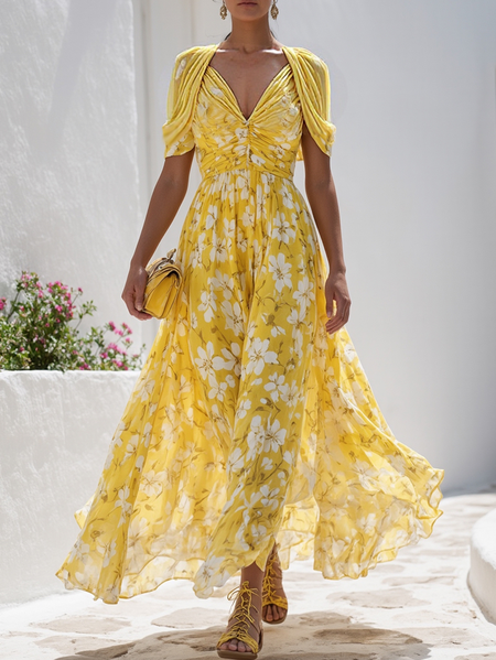 

Elegant Floral Printing V Neck Maxi Dress, Yellow, Maxi Dresses