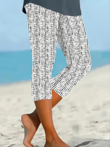 

Casual Striped Capris Elastic Waist Printing Pant, White, Leggings