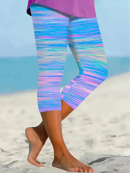 

Women Striped Capris Elastic Waist Pants Casual Summer Trousers, Blue, Leggings