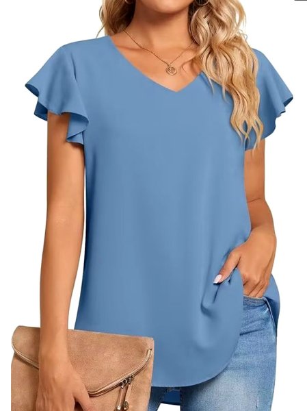 

Casual Plain V Neck Short Sleeve T-shirt, Purplish blue, T-shirts