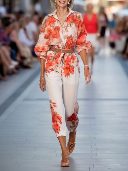 

Vacation Balloon Sleeve Printing Floral Shawl Collar Shirt Jumpsuit With Belt, As picture, Jumpsuits
