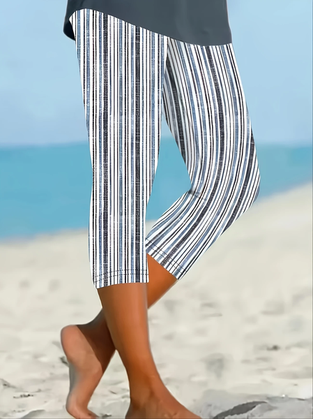 

Casual Striped Capris Elastic Waist Printing Pant, Blue, Leggings