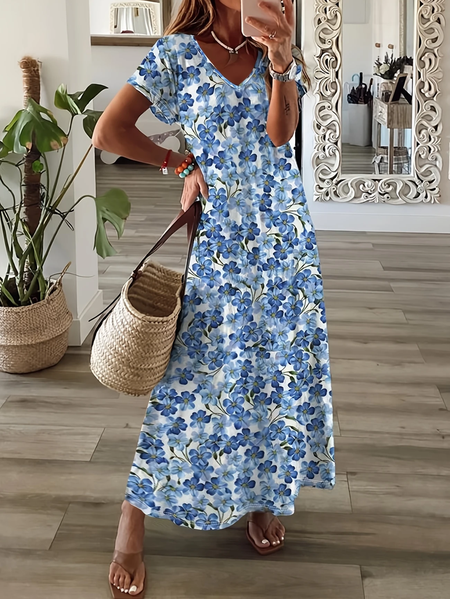 

Women Floral Short Sleeve Summer Printing Dress V Neck Daily Casual Maxi X-Line Dress, Blue, Casual Dresses