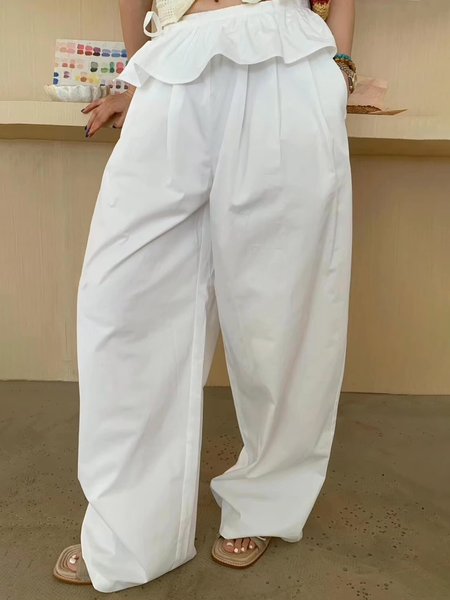 

Cotton Casual Plain Peplum Wide Leg Pants, White, Pants