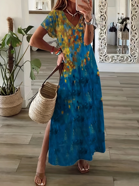

Women Abstract Short Sleeve Summer Printing Dress V Neck Daily Casual Maxi X-Line Dress, Blue, Casual Dresses