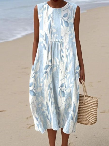 

Women Leaf Crew Neck Sleeveless Comfy Casual Maxi Dress, Blue, Dresses